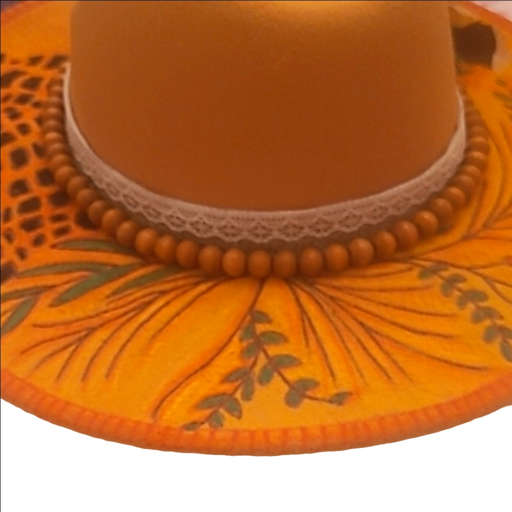 Hand Crafted Beige Orange Floral Bolero Hat Burned Outlines  Feathers Flowers - Picture 5 of 15